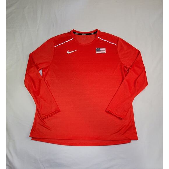Nike Size XL Miler Dri-Fit Team USA Running Shirt Mens Red Long Sleeve Ca10 - Picture 1 of 7
